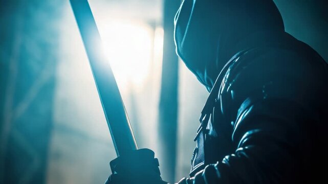 A person wearing a hoodie holds a knife, ready to take action