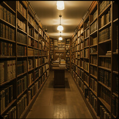 Obraz premium An old bookstore with warm lighting, film grain effect, muted colors, cinematic depth, vintage atmosphere