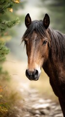 Obraz premium Majestic brown horse standing on a forest path in soft morning light surrounded by trees