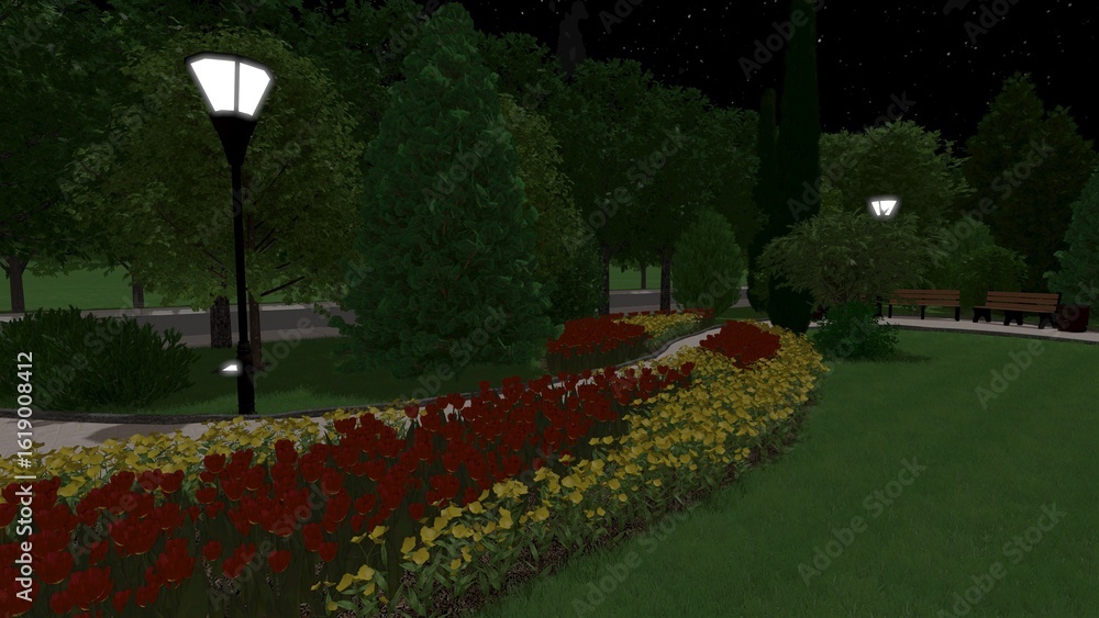 Poster 3d image of the landscape design of the home territory. landscaping of the territory. computer visua