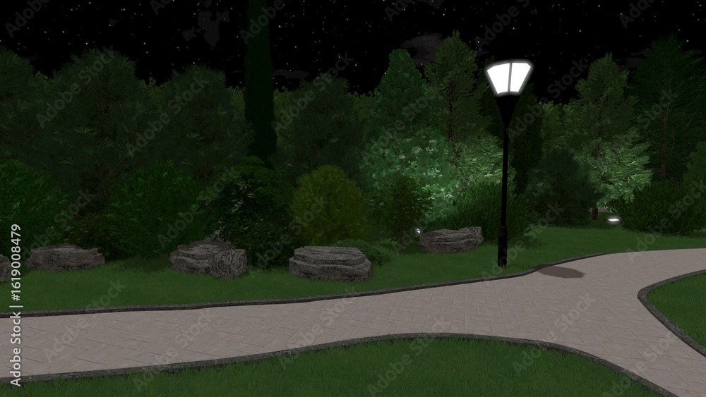 Aufkleber 3d image of the landscape design of the home territory. landscaping of the territory. computer visua
