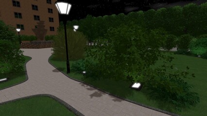 3d image of the landscape design of the home territory. Landscaping of the territory. Computer visualization of composite landscaping and landscaping solutions.