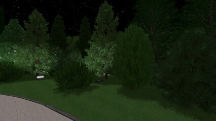 3d image of the landscape design of the home territory. Landscaping of the territory. Computer visualization of composite landscaping and landscaping solutions.