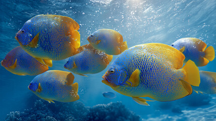 熱帯魚が海中を群れで泳ぐ様子