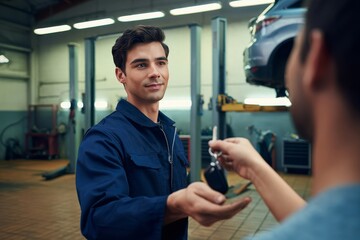 Auto Mechanic Handing Car Keys to Customer in Repair Shop