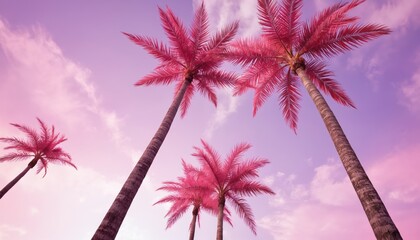 Low-angle view of pink palm trees against a vibrant pastel sky. Tropical summer scene with palm foliage creating a dreamy, romantic, exotic atmosphere for vacation, beach, and paradise holidays.