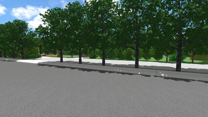 3d image of the landscape design of the home territory. Landscaping of the territory. Computer visualization of composite landscaping and landscaping solutions.