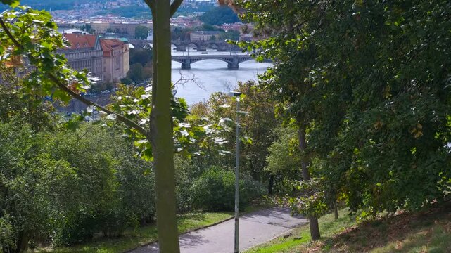 Scenic view of vltava river and prague bridges from riegrovy sady park