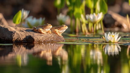 Obraz premium Frogs Among Water Lilies: Tranquil Reflection in a Serene Pond on a Sunny Day