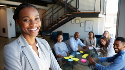 Confident Female Executive Standing in Modern Office with Team Meeting in Background
