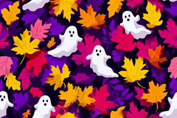 Seamless pattern of Colorful autumn leaves with playful ghosts creating a vibrant Halloween scene for seasonal celebration