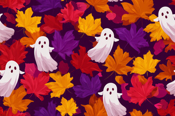 Seamless pattern of Colorful autumn leaves scattered with playful ghosts create a festive Halloween atmosphere