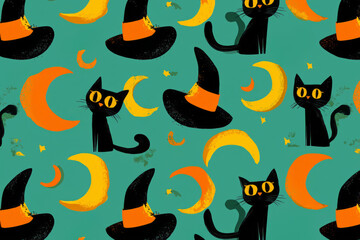 Black cats and witch hats create a whimsical Halloween-themed pattern for festive decorations and crafts