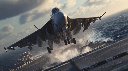 Fighter jet takes off from aircraft carrier in dramatic sunset over ocean waves showcasing military aviation in action