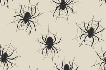 Seamless pattern of Black spiders with webs create a spooky atmosphere in a pattern suitable for Halloween decorations and crafts