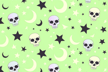 Skulls, moons, and stars create a whimsical pattern on a light green background perfect for Halloween decor