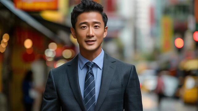 Young Asian businessman walking confidently on city street in warm evening light
