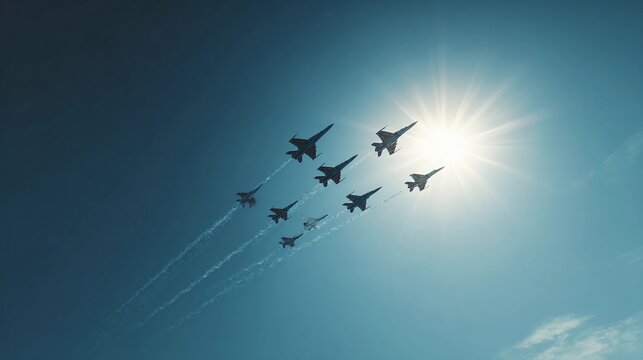 Nine military fighter jets perform a synchronized formation flying display against a clear blue sky during a daytime air show event