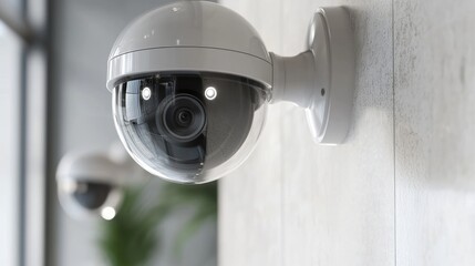 Detailed view of a white security dome camera with a clear lens situated on a white textured wall. Modern surveillance device providing building protection and safety.