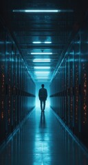 Fototapeta premium Server room, technician walking, data center, night, blue lights, security, technology, future, maintenance, network
