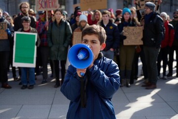 Young Boy Leading a Protest with a Megaphone