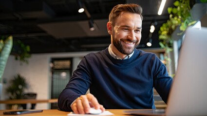 Smiling Man Working on Laptop at Desk in Modern Office