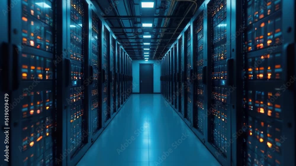 Poster a long hallway with rows of servers and server racks
