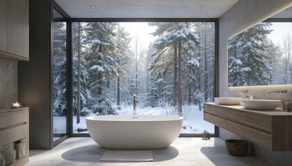 Modern minimalist bathroom features white freestanding tub facing expansive snowy forest view. Clean lines, wood vanity with double sinks. Serene winter escape, Nordic style relaxation, natural light.
