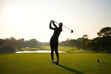 Female Golfer Swinging Golf Club on Sunny Course - Action Shot of Sportswoman