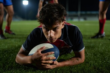 Focused Rugby Player Scoring a Try Under Floodlights