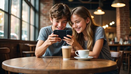 Young Couple Laughing and Using Smartphone at Cafe Table
