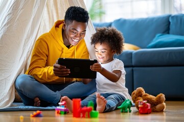 Father and Daughter Enjoying Tablet Time in a Cozy Fort