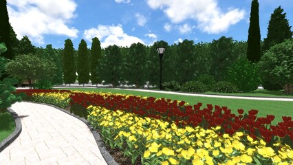 Obraz premium 3d image of the landscape design of the home territory. Landscaping of the territory. Computer visualization of composite landscaping and landscaping solutions.