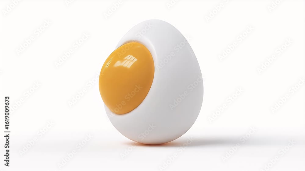Poster dynamic 3d egg animation: white shell, yellow yolk rotating on white background