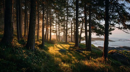 Fototapeta premium Sunlight Gently Kissing the Ocean Beyond a Tranquil Forest Horizon in Serene Harmony