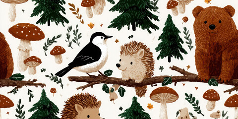Playful Hedgehog and Friends: Whimsical Forest Animals in Cozy Woodland Scene Decor
