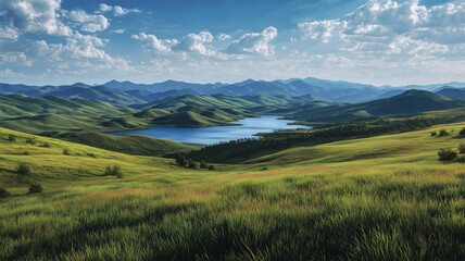 Fototapeta premium 広大な草原と湖が広がる雄大な自然風景描写