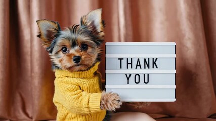 cute Yorkshire terrier dog holding board with text thank you