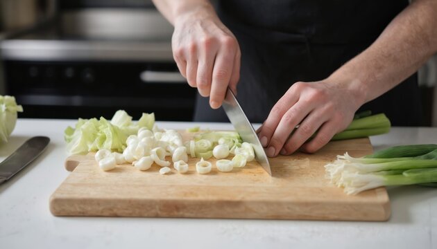 Hands chop green scallions on wooden cutting board in kitchen prep. Fresh vegetables sliced for culinary use. Focus on food preparation process, healthy eating, cooking. Background shows blurred