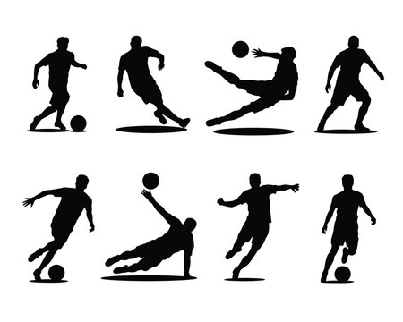 Vector illustration set of eight isolated football player silhouettes in dynamic poses on a white background.