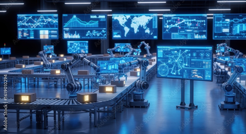 Poster large distribution hub featuring robotic arms and realtime tracking monitors.