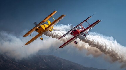 Two stunt airplanes perform an acrobatic show over a mountainous landscape while leaving trails of smoke in the clear blue sky on a sunny day