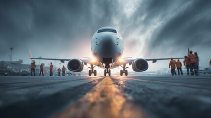 Aircraft on runway with ground crew preparing for takeoff under dramatic clouds at airport during late afternoon