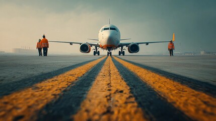 Airplane prepares for takeoff as ground crew oversees operations on a foggy day at a busy airport runway