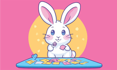 Adorable cartoon bunny playing card game with cheerful pink and yellow backdrop