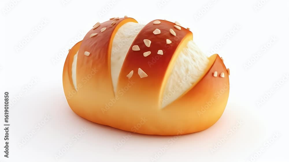 Poster dynamic macro presentation of a delicious cream-filled bread roll with almonds in 3d animation