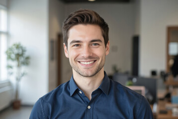 Obraz premium Young man with charming smile wearing blue shirt in bright modern office. Pro setting conveys warmth, approachability. Confident, friendly male portrait in workplace, positive relaxed lifestyle.
