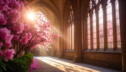 Sunlight streams through gothic windows illuminating a hallway lined with blooming pink cherry blossom trees