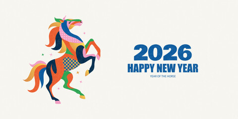 Abstract horse rearing up in a vibrant, colorful patchwork style, symbolizing the Chinese zodiac for the Year of the Horse 2026, for a festive banner or greeting card design, vector illustration.