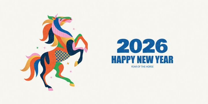 Abstract horse rearing up in a vibrant, colorful patchwork style, symbolizing the Chinese zodiac for the Year of the Horse 2026, for a festive banner or greeting card design, vector illustration.